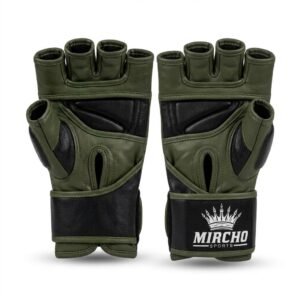 Olive green and black open palm MMA gloves displayed on a white background.