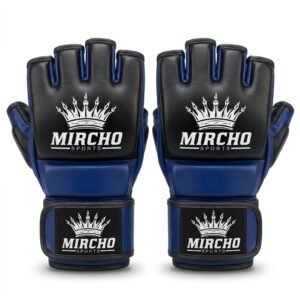 Blue and black mixed martial arts training gloves featuring open palm design and wrist support straps.