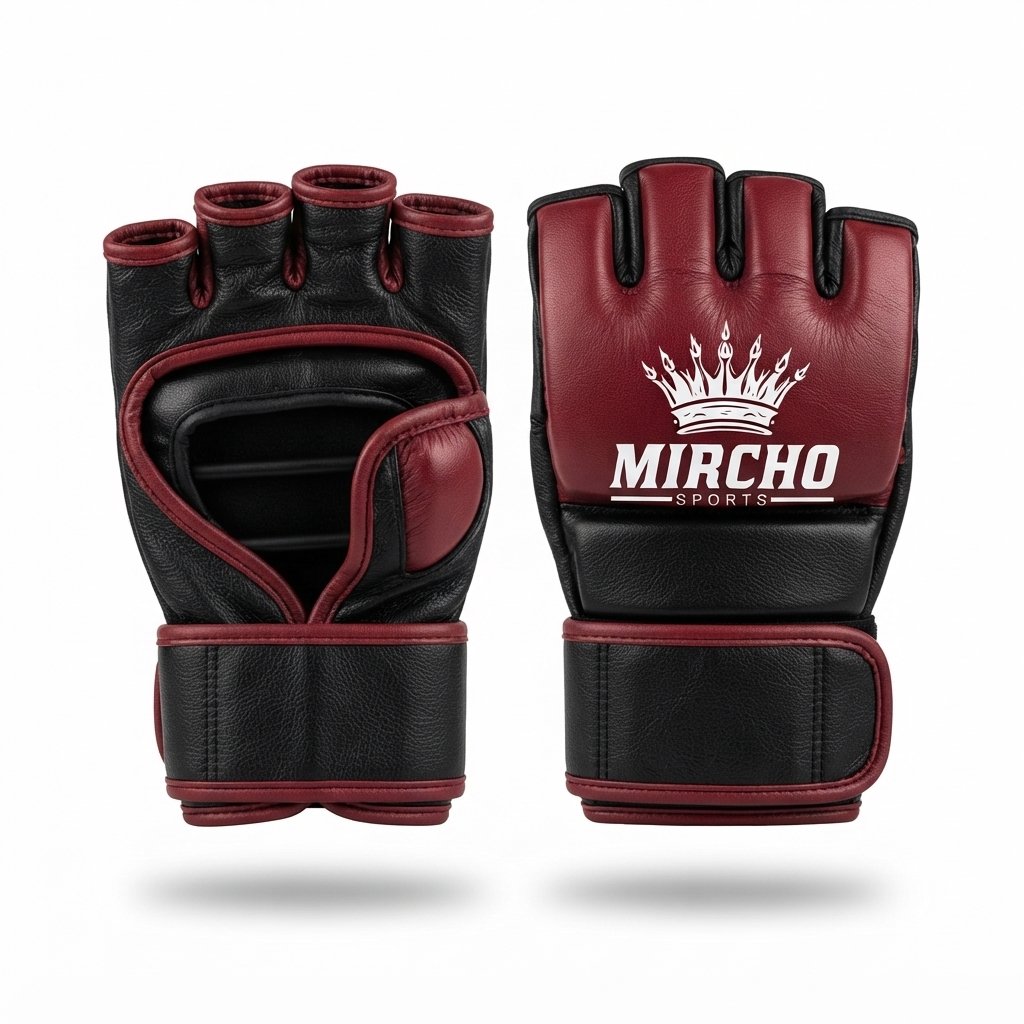 Pair of red and black MMA gloves featuring an open palm design and wrist support. - alternate view 2