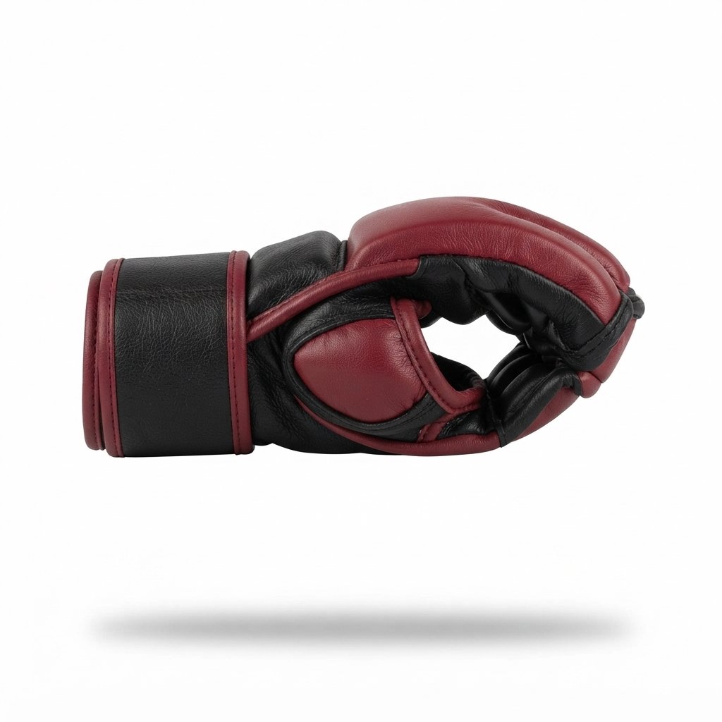Pair of red and black MMA gloves featuring an open palm design and wrist support. - alternate view 3