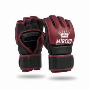 Pair of red and black MMA gloves featuring an open palm design and wrist support.