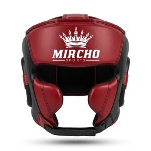 Red and black MMA head guard with thick padding and secure rear strap closure.