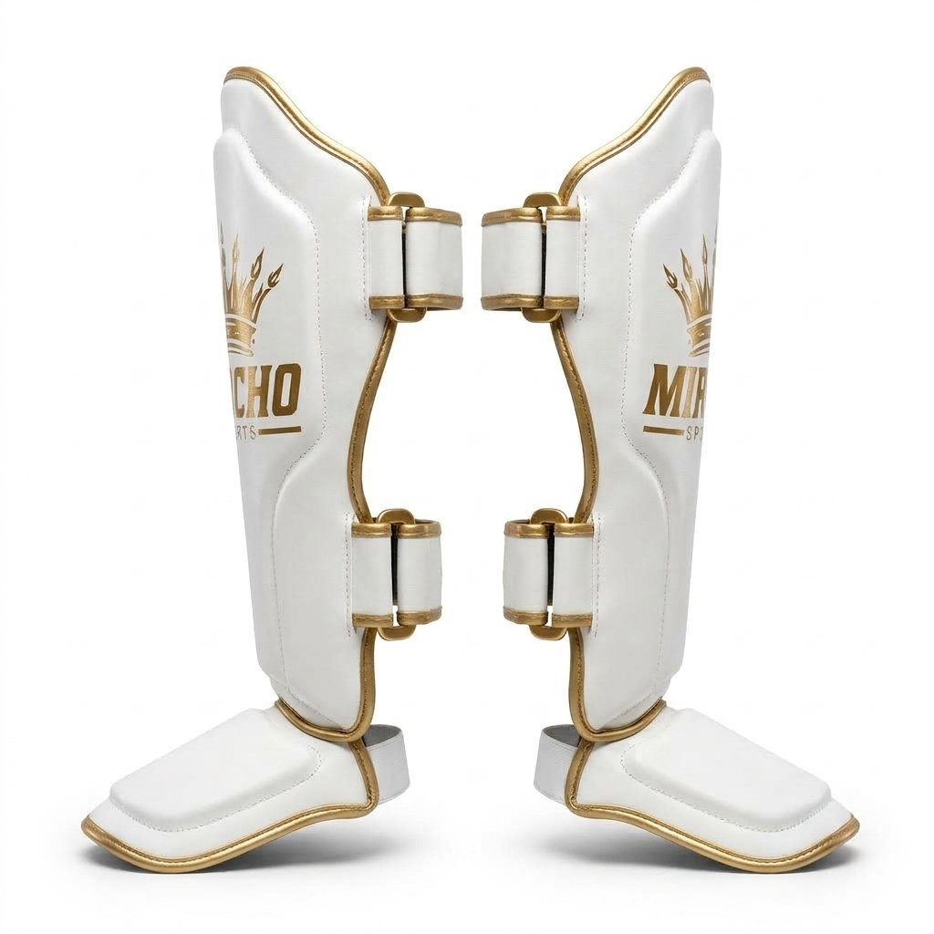 Pair of white and gold MMA shin guards with secure straps and integrated foot padding. - alternate view 2