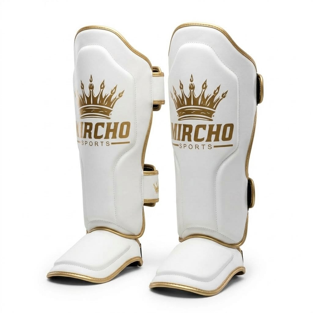 Pair of white and gold MMA shin guards with secure straps and integrated foot padding. - alternate view 4