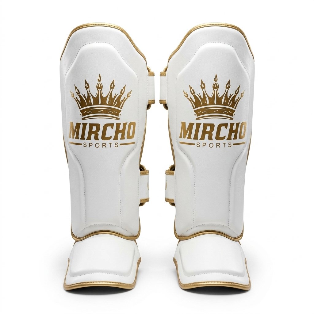 Pair of white and gold MMA shin guards with secure straps and integrated foot padding.