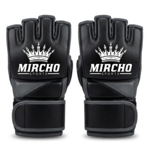 Black and grey open palm MMA gloves displaying padding and wrist straps.