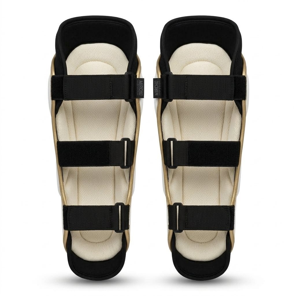 White protective forearm guards with black and gold trim and three adjustable straps. - alternate view 2