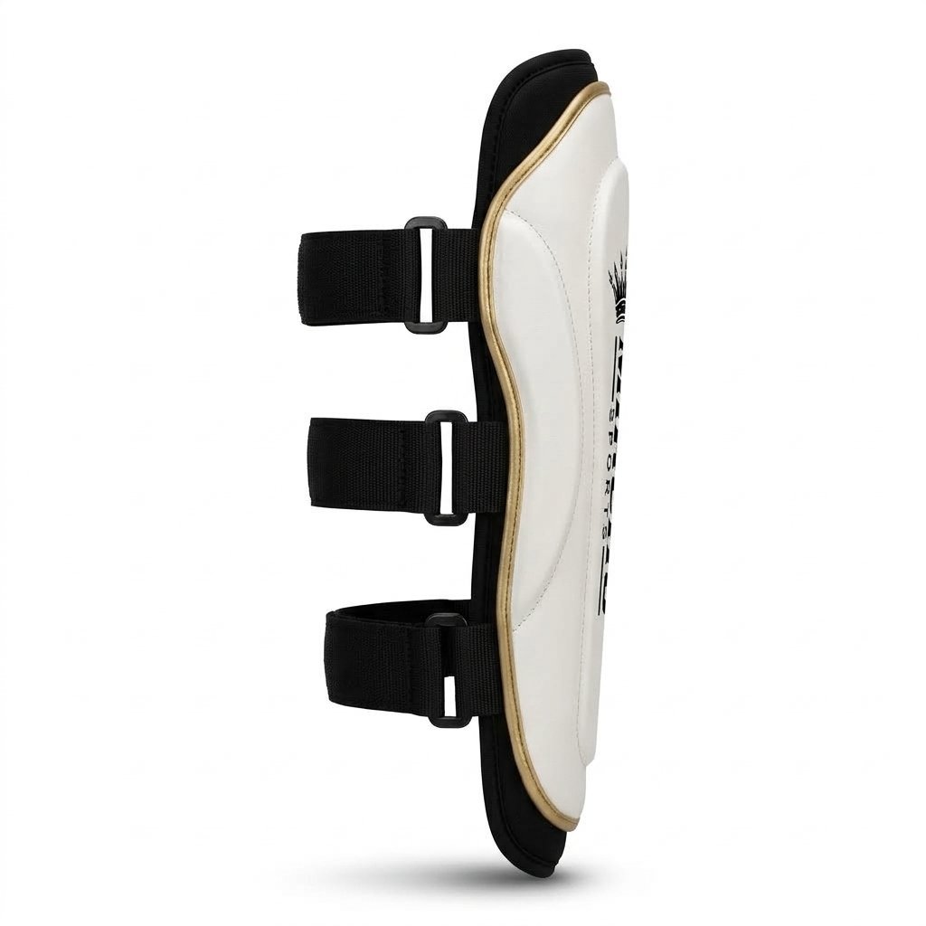 White protective forearm guards with black and gold trim and three adjustable straps. - alternate view 3