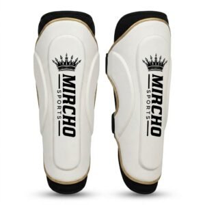 White protective forearm guards with black and gold trim and three adjustable straps.