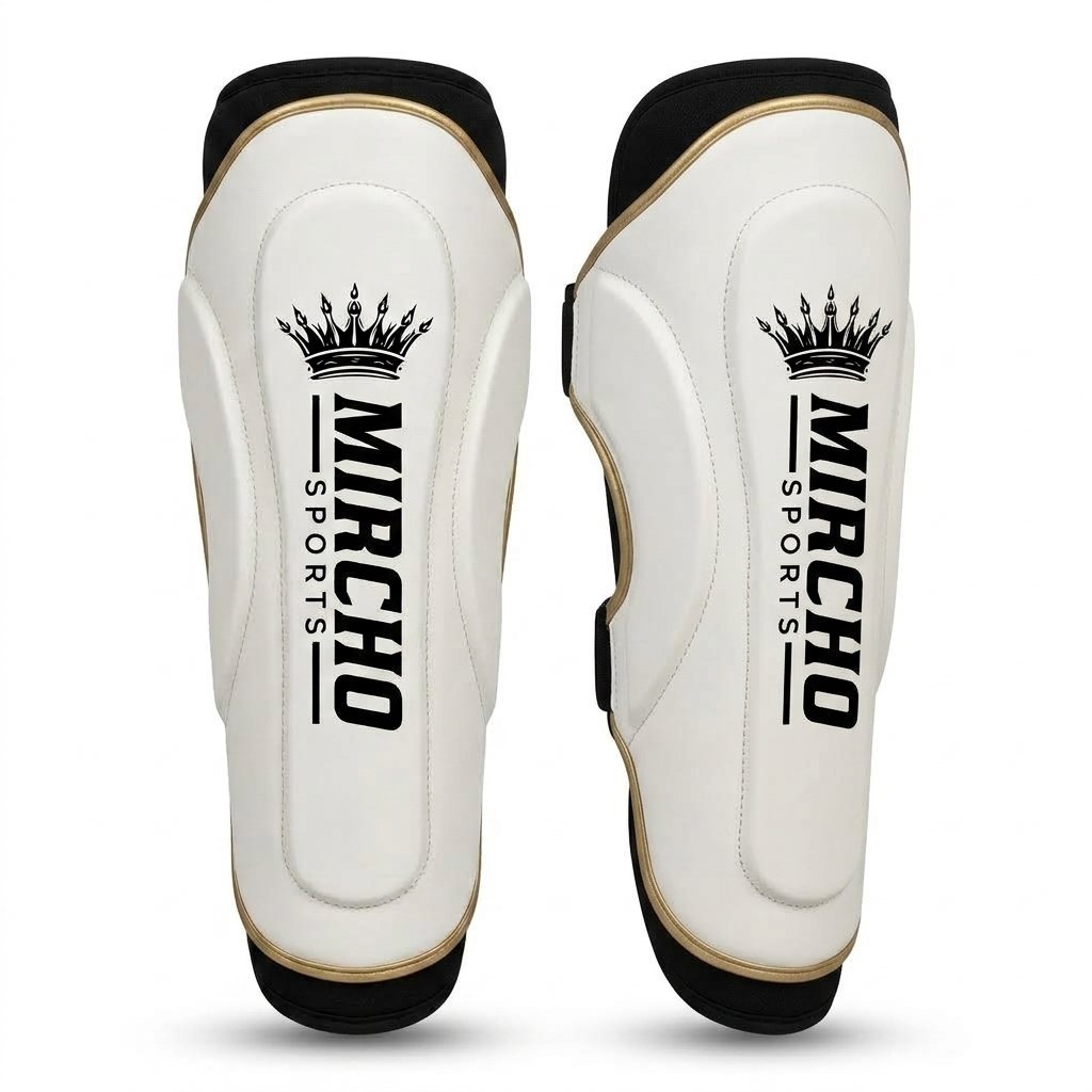 White protective forearm guards with black and gold trim and three adjustable straps.