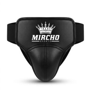 Black protective sports guard with elastic straps and padded construction.