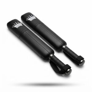A pair of black training punch sticks with textured handles and wrist straps on a white background.