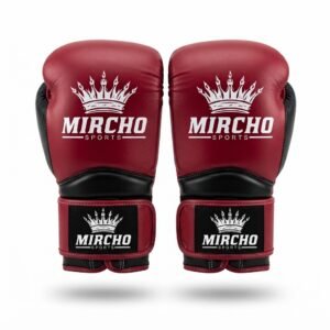 A pair of red and black boxing gloves displayed against a plain white background.