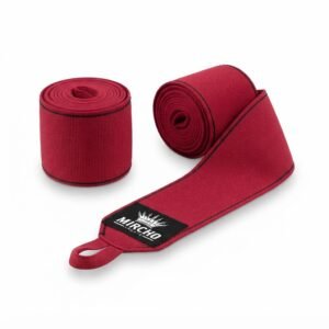 Rolled red and black boxing hand wraps with contrast stitching and a thumb loop.