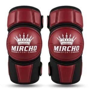 Red and black sports elbow guards featuring protective padding and secure straps.