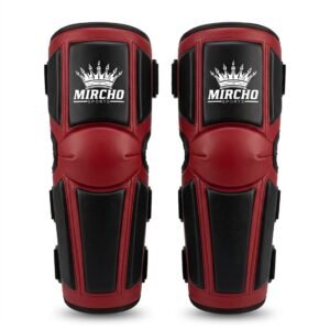 Red and black MMA arm guards featuring segmented padding and adjustable straps displayed against a white background.