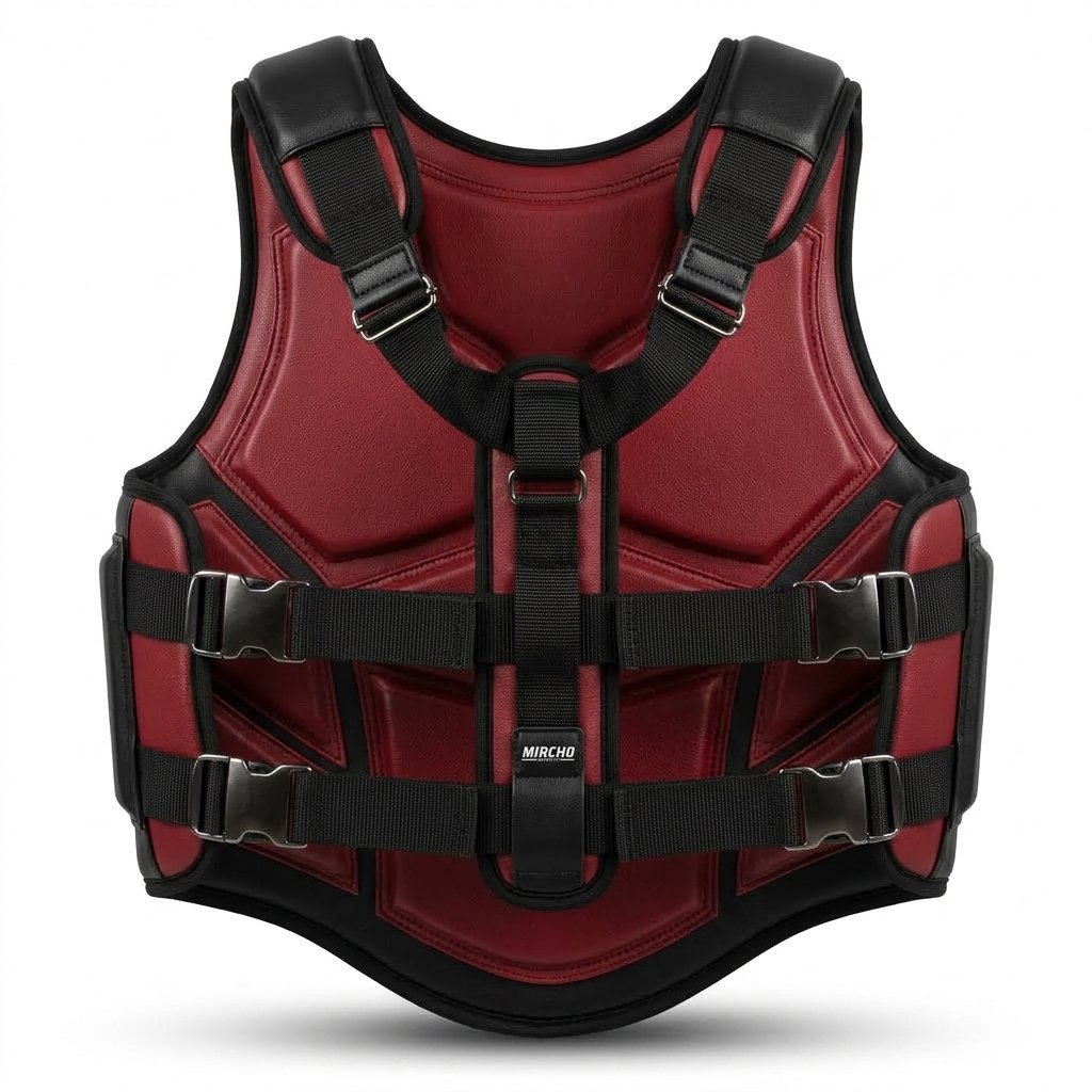 Red and black MMA body protector guard featuring segmented padding and adjustable straps. - alternate view 2