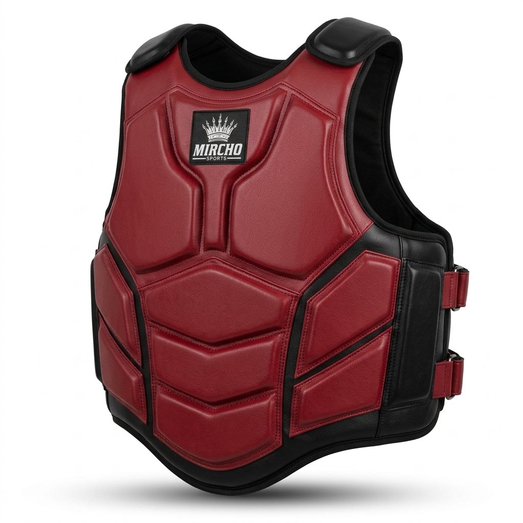 Red and black MMA body protector guard featuring segmented padding and adjustable straps. - alternate view 3