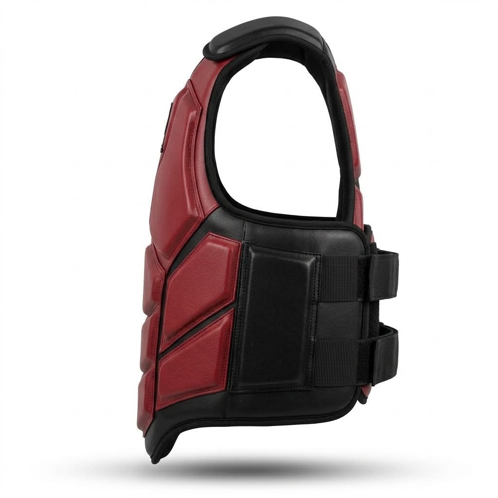 Red and black MMA body protector guard featuring segmented padding and adjustable straps. - alternate view 4