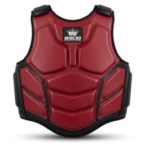 Red and black MMA body protector guard featuring segmented padding and adjustable straps.
