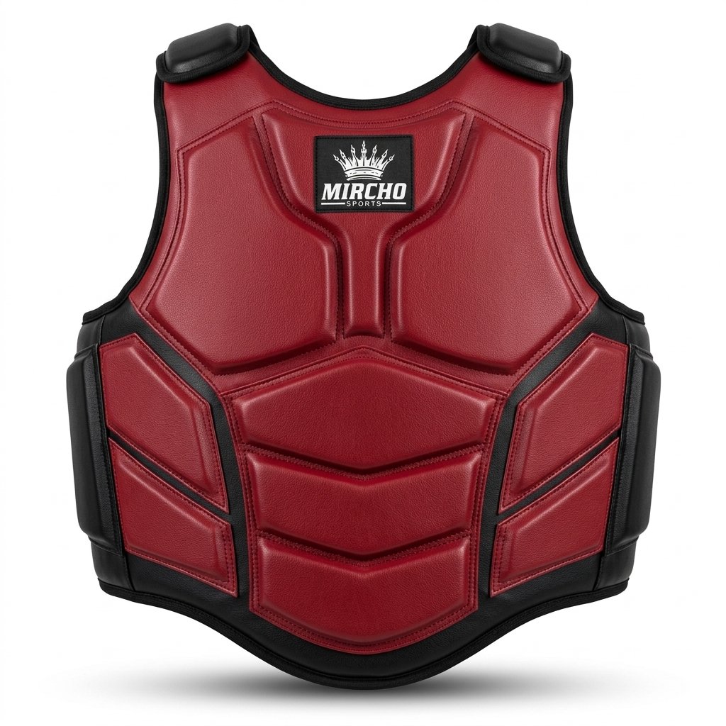 Red and black MMA body protector guard featuring segmented padding and adjustable straps.