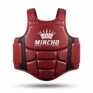 Red boxing body protector featuring segmented padding and black side panels against a white background