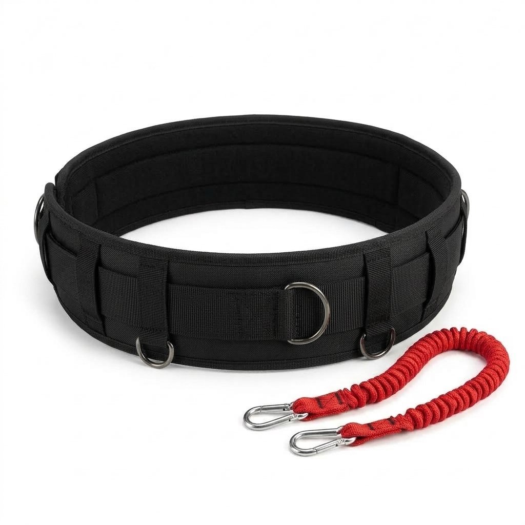 A black padded training belt with metal D-rings and a red cord with snap hooks. - alternate view 2