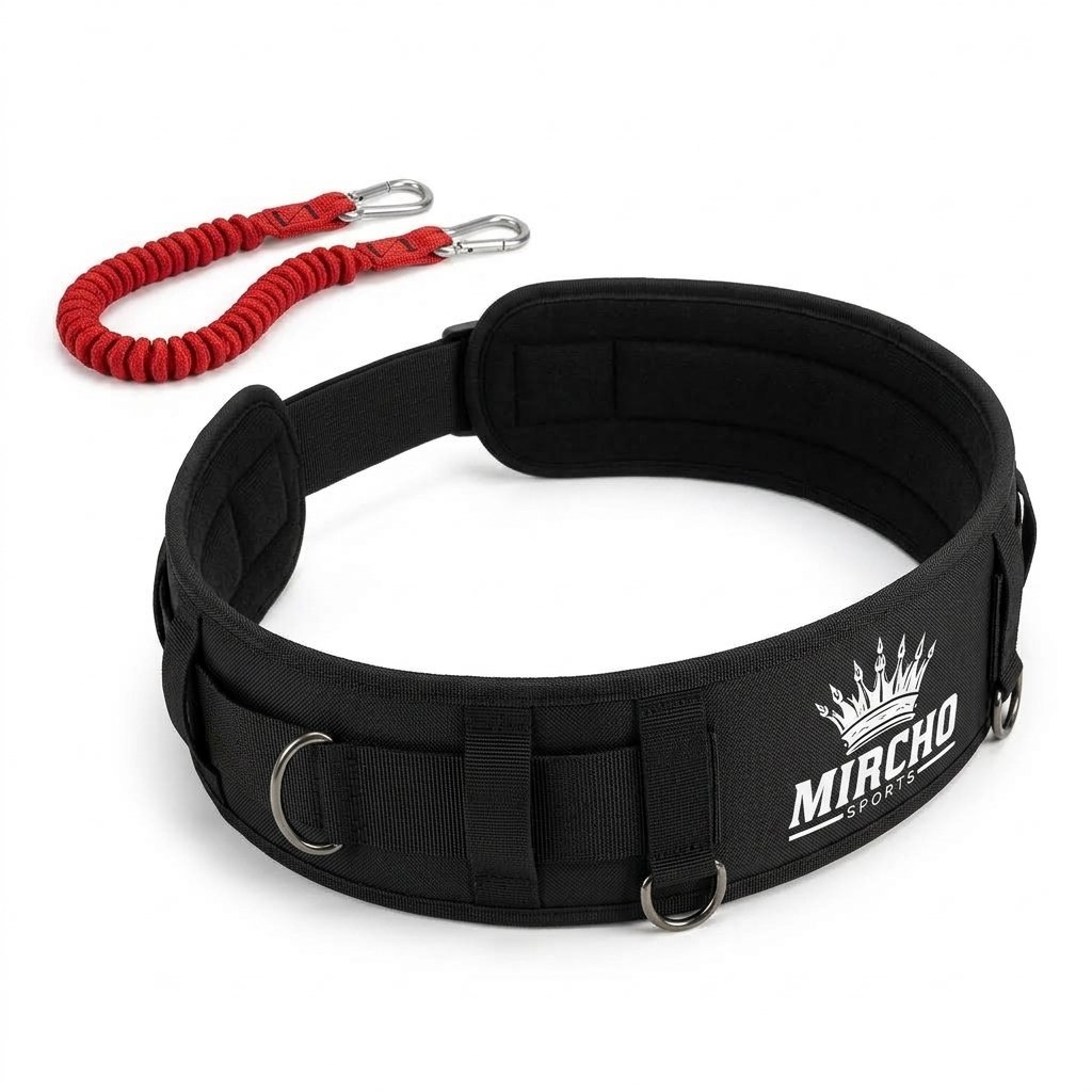 A black padded training belt with metal D-rings and a red cord with snap hooks. - alternate view 3