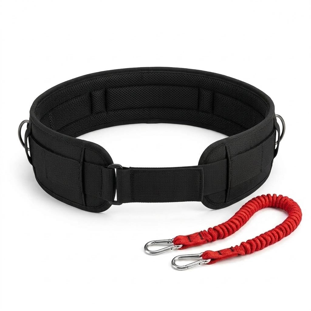 A black padded training belt with metal D-rings and a red cord with snap hooks. - alternate view 4