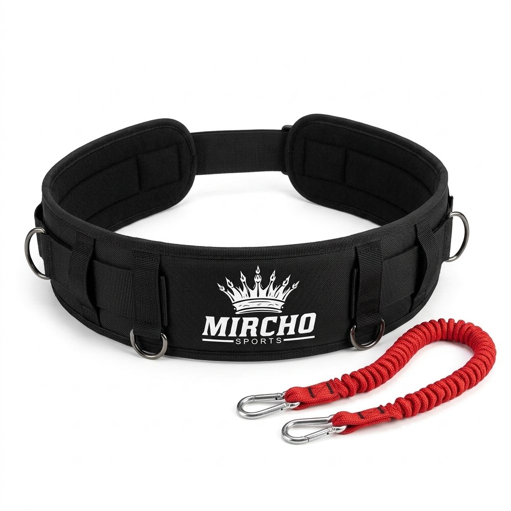 A black padded training belt with metal D-rings and a red cord with snap hooks.