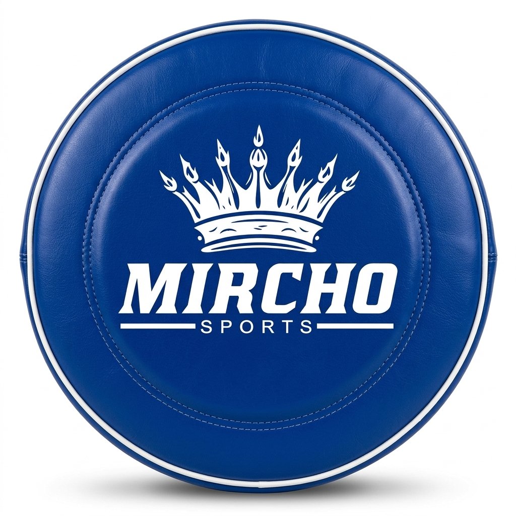 Blue round punching pad featuring a reinforced grip handle and adjustable strap. - alternate view 2