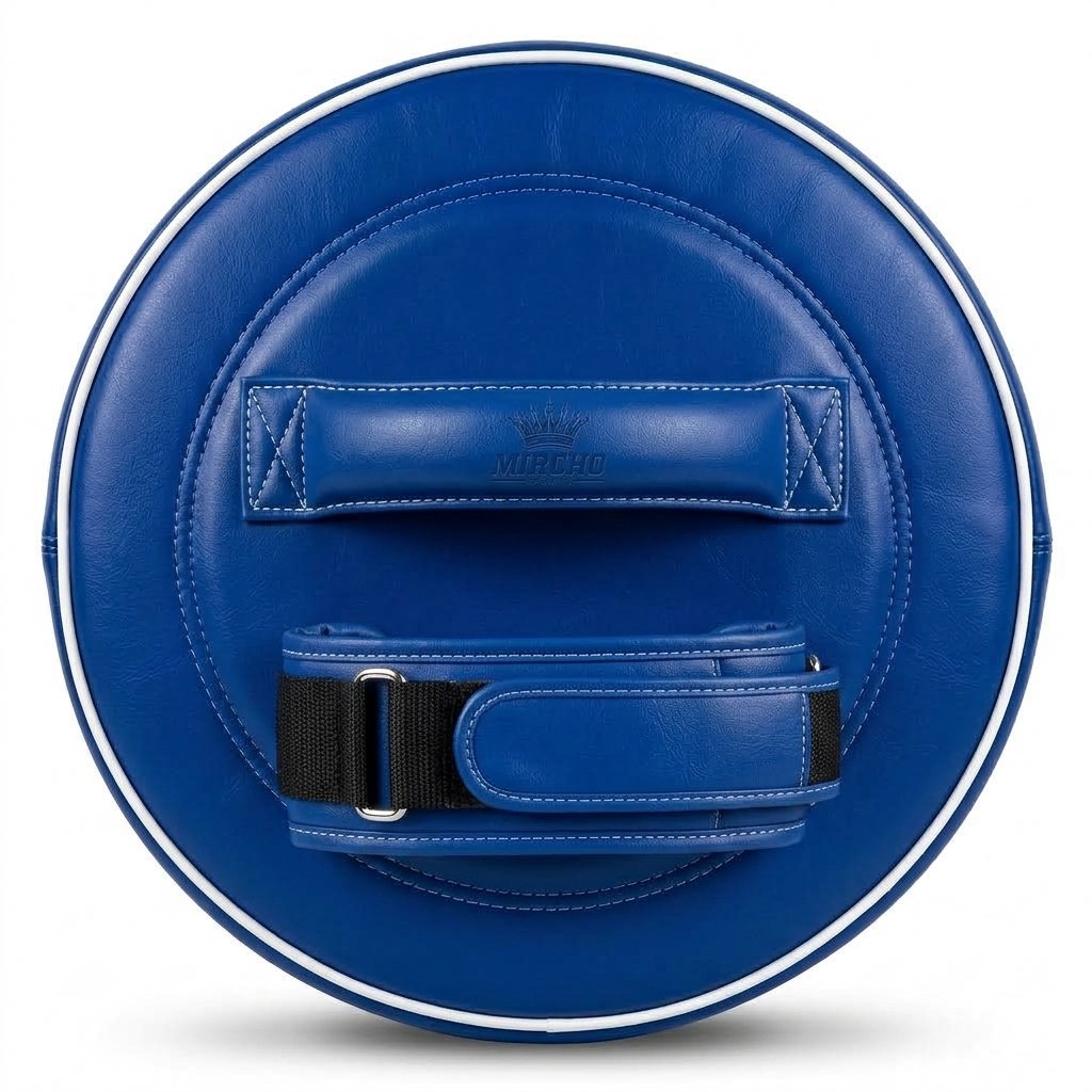 Blue round punching pad featuring a reinforced grip handle and adjustable strap. - alternate view 3