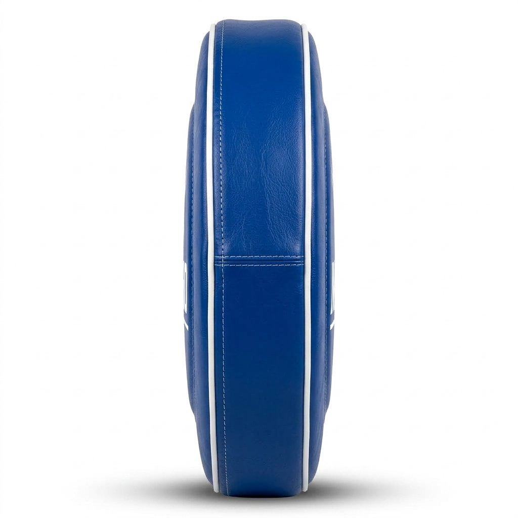 Blue round punching pad featuring a reinforced grip handle and adjustable strap. - alternate view 4