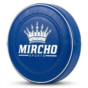 Blue round punching pad featuring a reinforced grip handle and adjustable strap.
