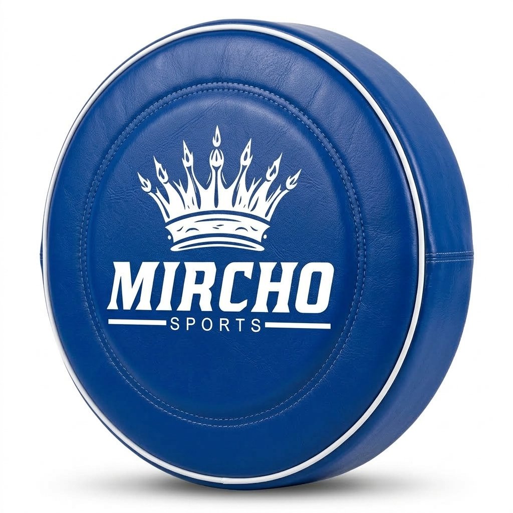 Blue round punching pad featuring a reinforced grip handle and adjustable strap.