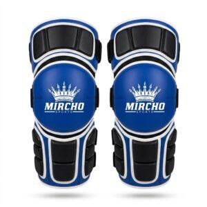A pair of blue, black, and white segmented protective knee guards featuring multiple adjustable straps.