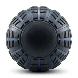 Textured black and blue slam ball with a tread pattern and smooth center panel.