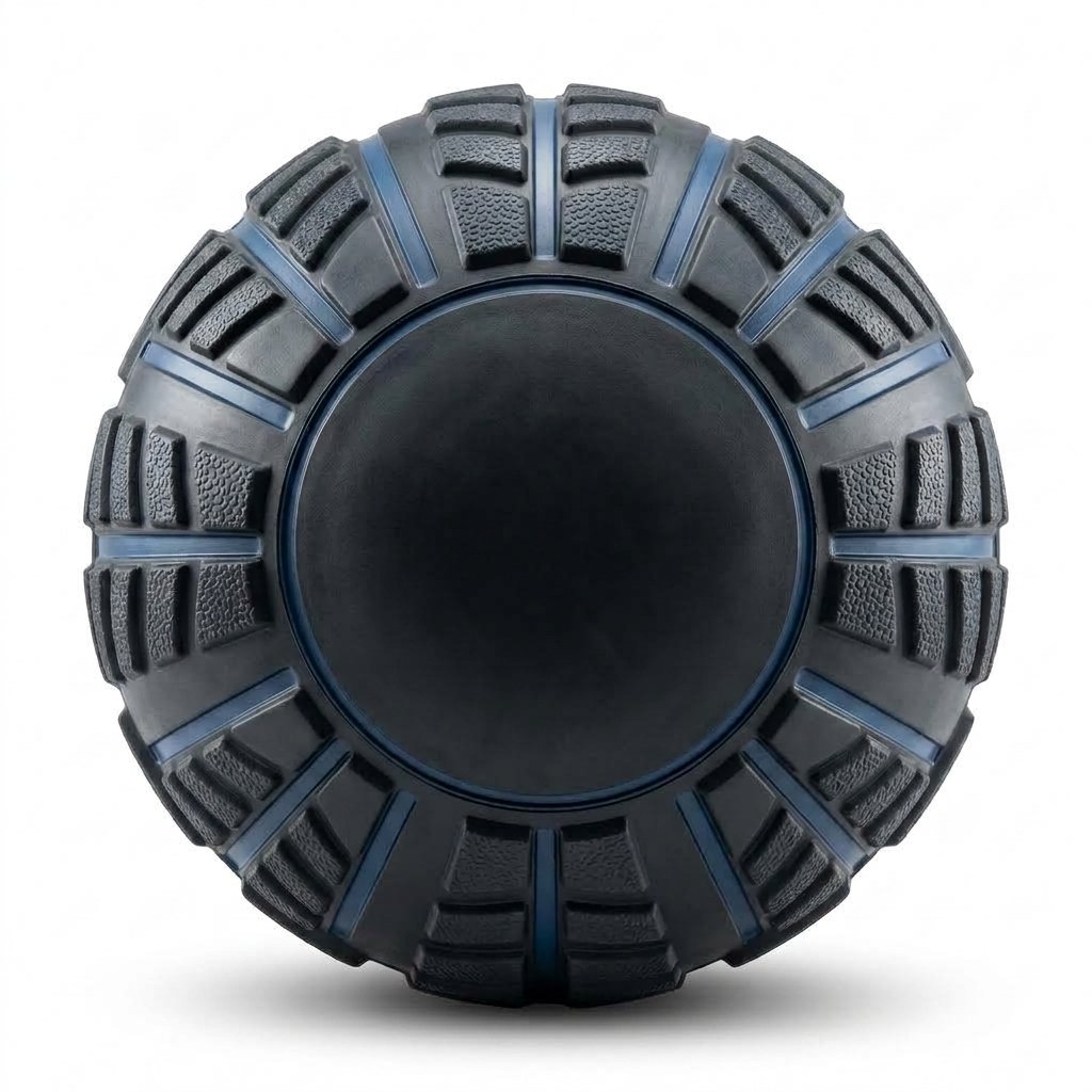 Textured black and blue slam ball with a tread pattern and smooth center panel.