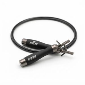 Black speed jump rope with ergonomic handles and adjustable metal cable for training.
