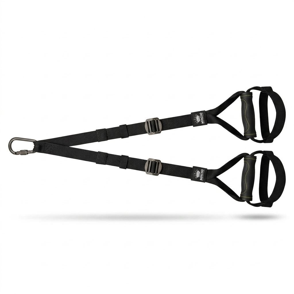 Black suspension training strap with handles and metal carabiner against a white background. - alternate view 2
