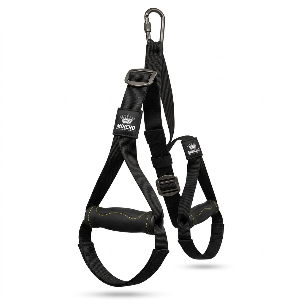 Black suspension training strap with handles and metal carabiner against a white background. - alternate view 3