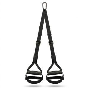 Black suspension training strap with handles and metal carabiner against a white background.