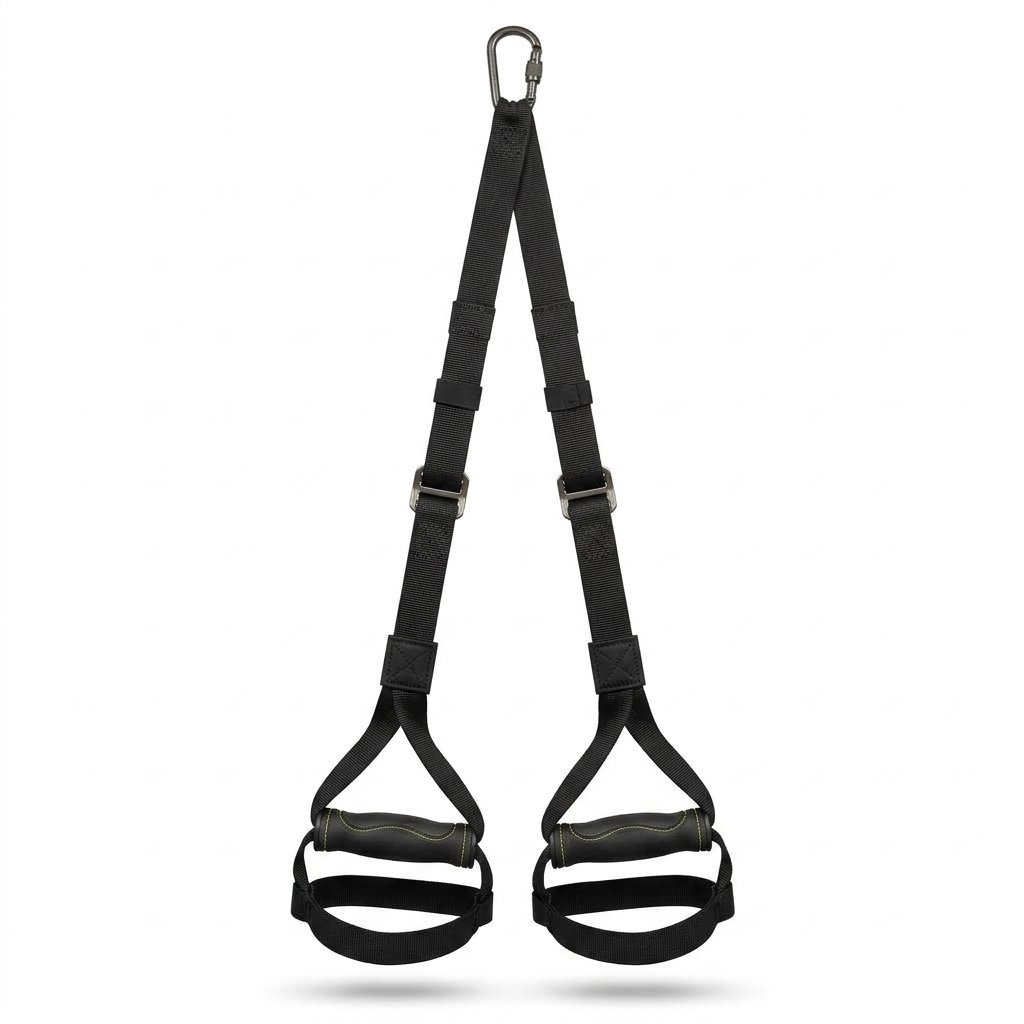 Black suspension training strap with handles and metal carabiner against a white background.