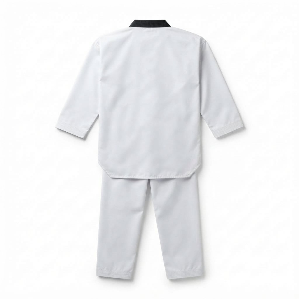 White Taekwondo uniform with a black V-neck collar, displayed as a jacket and trousers set. - alternate view 2