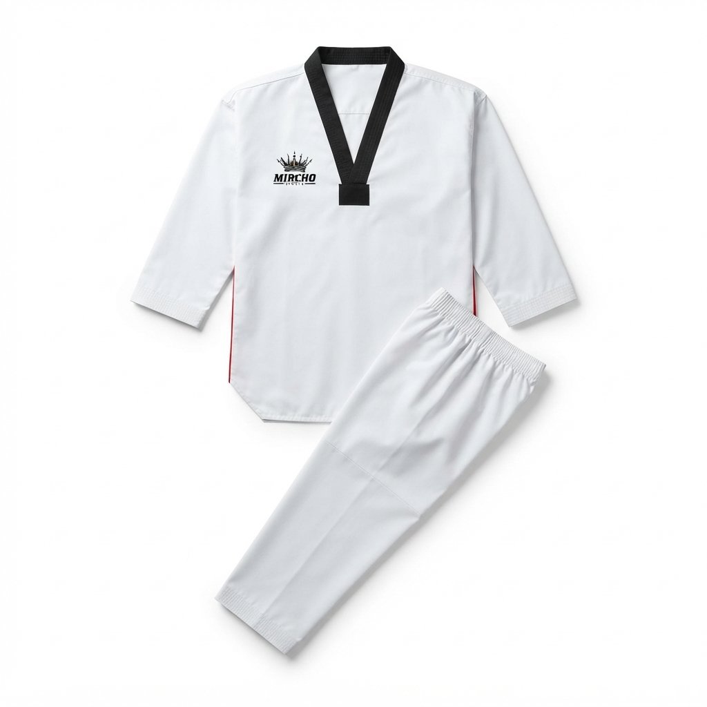 White Taekwondo uniform with a black V-neck collar, displayed as a jacket and trousers set. - alternate view 3