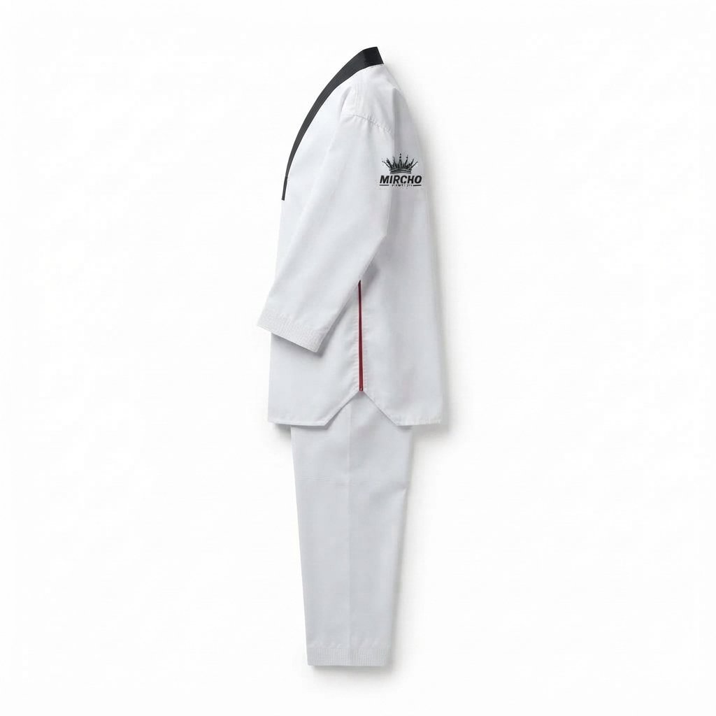 White Taekwondo uniform with a black V-neck collar, displayed as a jacket and trousers set. - alternate view 4