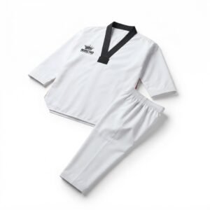 White Taekwondo uniform with a black V-neck collar, displayed as a jacket and trousers set.