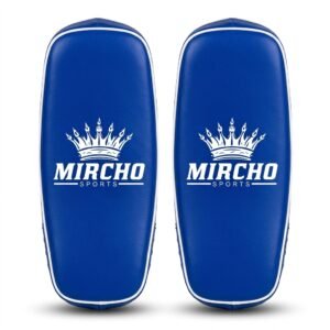 Blue Thai kick pads displayed in pairs showing secure handles and adjustable straps for martial arts training.