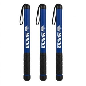 A set of three blue training sticks featuring black textured grips and wrist straps arranged vertically.