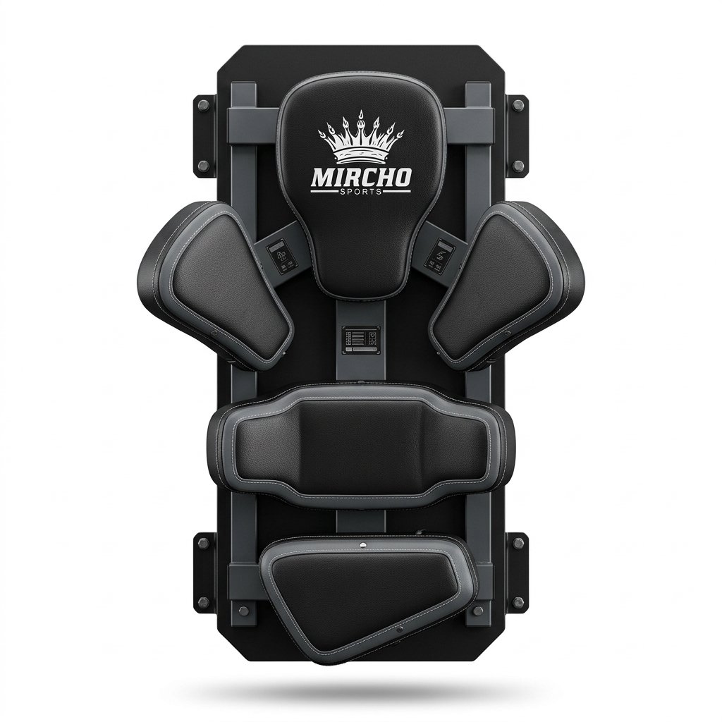 Wall mounted black MMA striking target with multiple padding positions and steel support brackets.